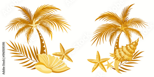 Golden tropical palm trees and seashells beach illustration, vector