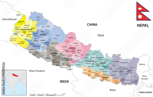 Detailed administrative map of the Asian Himalayan state of Nepal