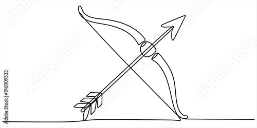 Minimalist continuous line drawing of a classic bow and arrow for archery and hunting Vector, illustration