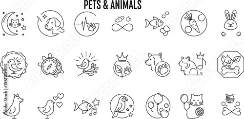 Various outline icons depicting a diverse range of pets and animals, including cats, dogs, fish, birds, rabbits, and turtles, ideal for design projects.