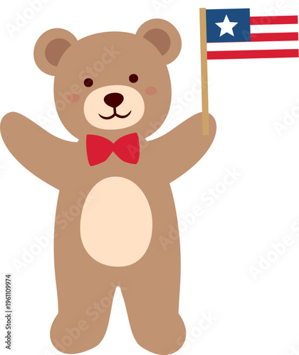 Patriotic Teddy Bear with USA Flag Cute Cartoon Vector.
Cute Teddy Bear Holding American Flag Flat Vector Illustration Isolated.
For Independence Day.
Transparent background. svg.