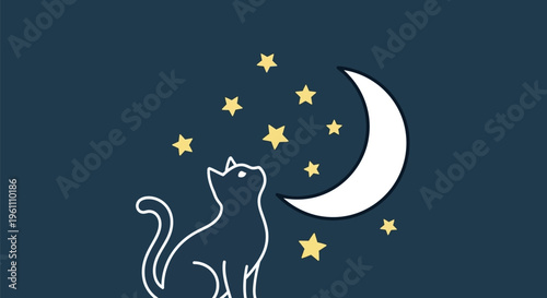 A charming minimalist illustration of a graceful cat looking up at the serene crescent moon and twinkling stars in a peaceful dark night sky.