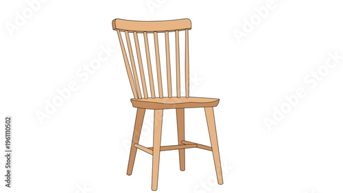 Simple wooden dining chair with a spindle back and light brown finish isolated on a white background for home interior design concepts.