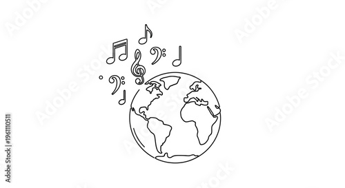 Music notes floating around the globe.