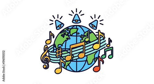 Globe with music notes and megaphones.