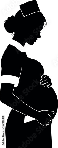 Pregnant nurse silhouette holding her belly with cap on transparent background