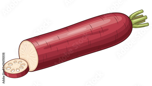 Single large red radish with green leaves and a separate thin slice showing the white interior and core pattern on a white background.