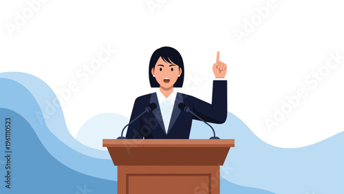 Professional woman in a dark suit delivering a speech at a wooden podium with two microphones against a blue wavy background.