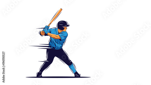 Dynamic illustration of a baseball player in a blue uniform and helmet swinging a wooden bat with motion blur effects.