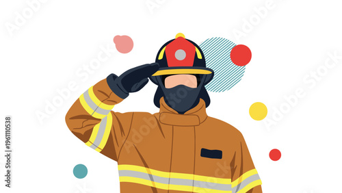 Brave firefighter in professional uniform and helmet performing a respectful salute against a background of colorful circles.