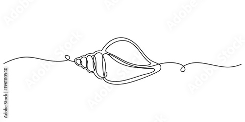 Minimalist continuous line art drawing of a spiral seashell on a plain white background Vector, illustration
