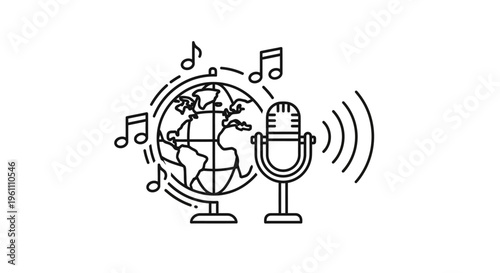 Globe with music notes and microphone.