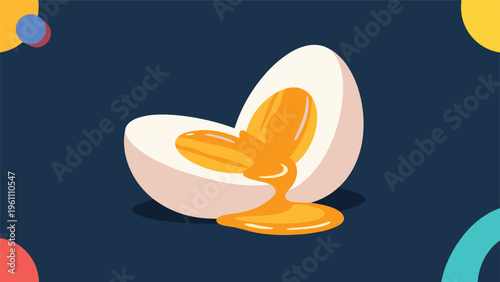 Half-cut soft-boiled egg with a rich yellow runny yolk displayed on a dark blue background with colorful circles.