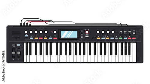 Electronic music synthesizer with various knobs, sliders, and a screen for music production and performance themes.
