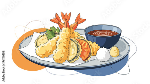 Golden brown shrimp and vegetable tempura served on a white paper with a bowl of dipping sauce and condiments.