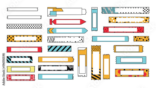 Set of colorful decorative washi tapes and labels with various patterns like dots, stripes, and solid colors for scrapbooking.