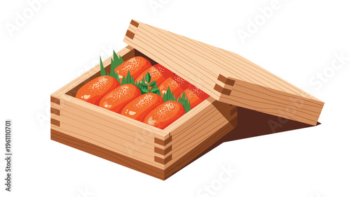 Traditional japanese inari sushi packed tightly in a wooden bento box with green leaf garnishes for a delicious and authentic meal.