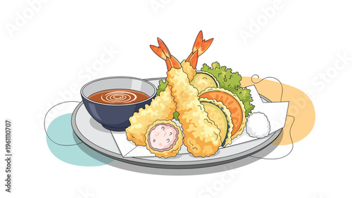 Gourmet plate of shrimp tempura with various fried vegetables, dipping sauce, and a scoop of rice for restaurant menus.
