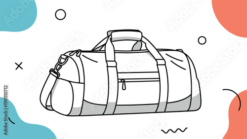 Simple black and white line drawing of a sports duffel bag surrounded by abstract blue and red background shapes.