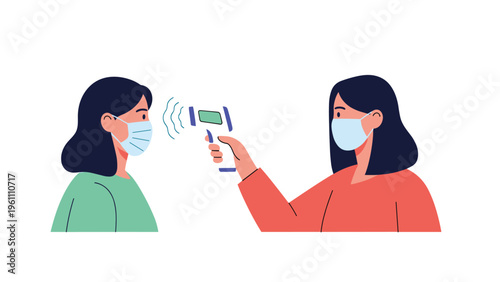 Health screening procedure showing a woman in a face mask measuring another person's forehead temperature using an infrared thermometer.