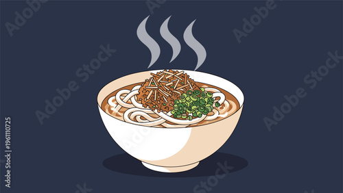 Steaming bowl of udon noodles in savory broth topped with minced meat and green onions shown in a detailed vector illustration style.
