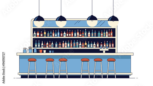 Stylish modern bar interior featuring long shelves stocked with colorful liquor bottles, hanging lights, and high stools at the counter.