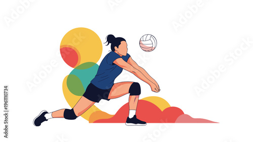Female athlete performing a defensive dig in a volleyball match set against a background of vibrant colorful circular graphic shapes.