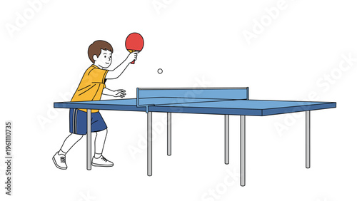 Young boy in a yellow shirt and blue shorts playing table tennis with a red paddle over a blue ping pong table.