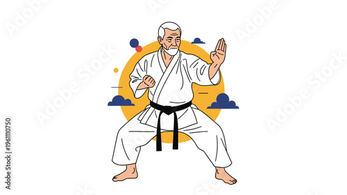 Disciplined senior martial artist wearing a white karate gi and black belt performing a powerful stance in front of a setting sun.