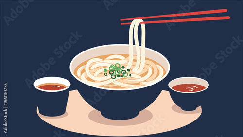 Delicious bowl of hot udon noodles served with small cups of tea and dipping sauce on a wooden tray for a traditional japanese meal.