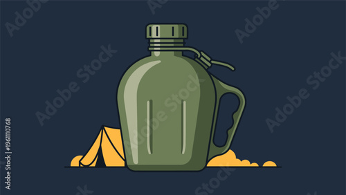 Classic olive green military canteen used for hydration while camping or hiking shown against a dark background with a tent silhouette.