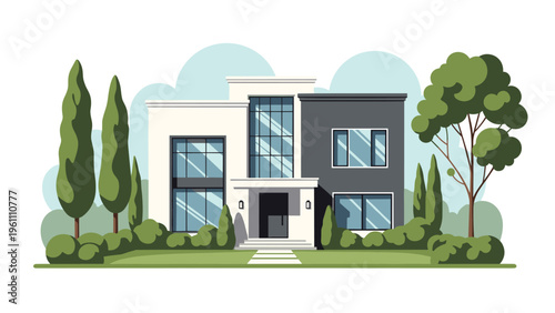 Contemporary two-story villa featuring a minimalist architectural design with large windows, manicured lawns, and elegant cypress trees.