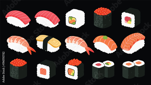 Assortment of colorful sushi and sashimi pieces including nigiri, maki, and uramaki displayed on a dark background for food menu design.