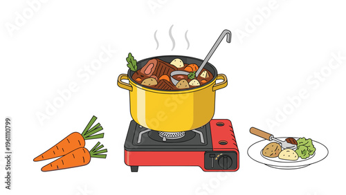 Nutritious beef stew simmering in a yellow pot on a red portable gas stove with fresh carrots and a served plate nearby.