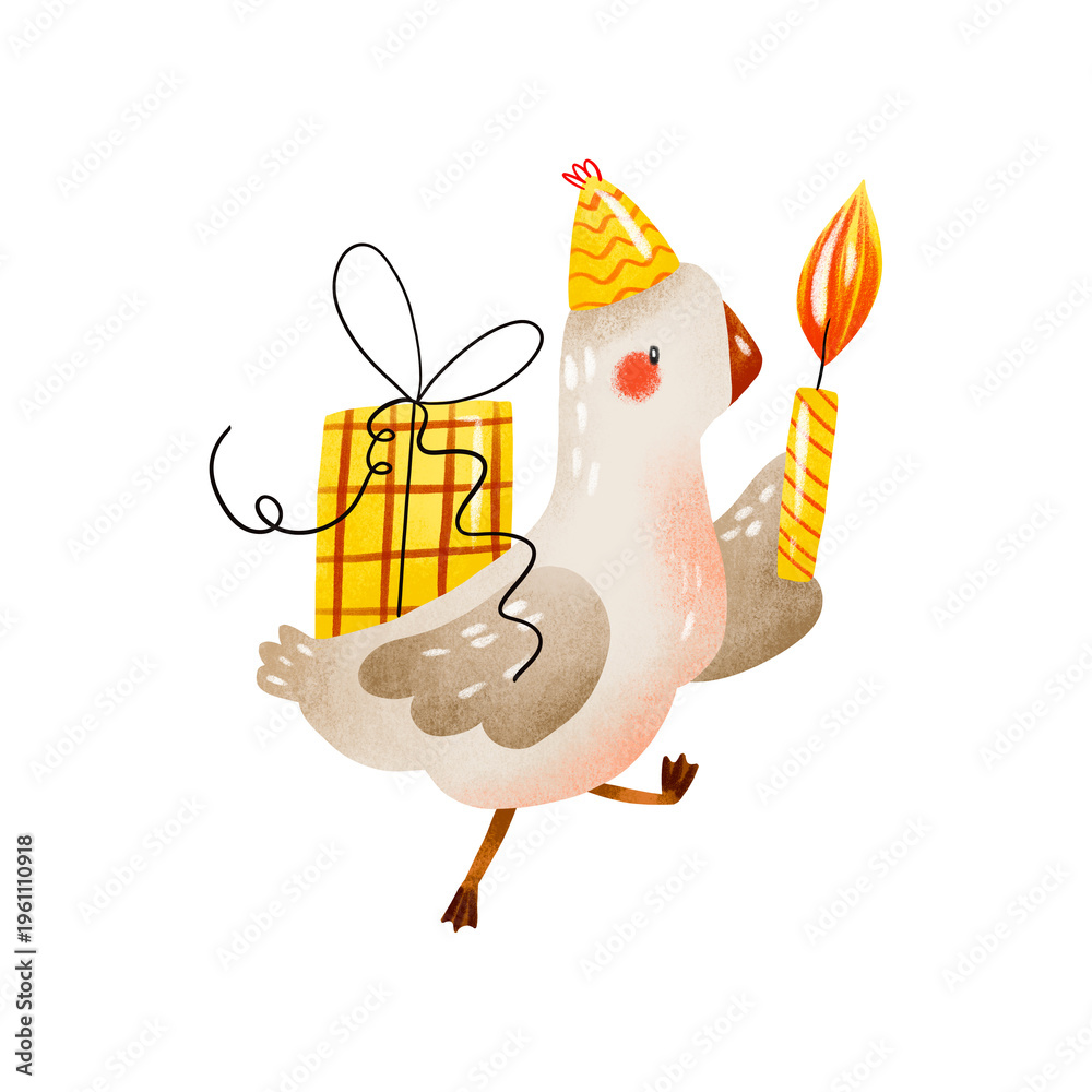 Fototapeta premium Funny goose with gift box and candle in party hat hand drawn illustration great for birthday party kids celebration baby shower holiday greeting card