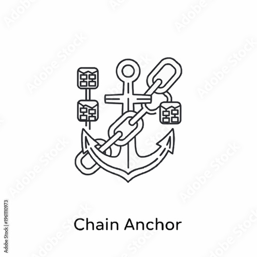 Blockchain-themed anchor with linked cubes and padlocks illustration