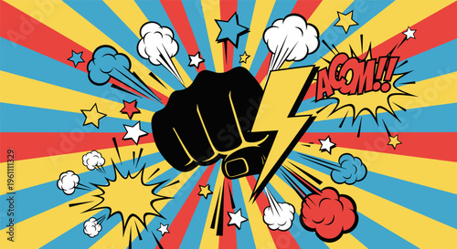 Comic book fist punch explosion in colorful dynamic illustration for advertising