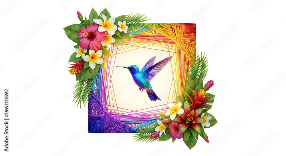 Obraz premium A vibrant hummingbird flies within a colorful floral frame surrounded by lush greenery and exotic flowers.