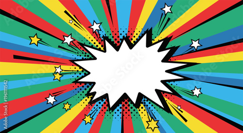 Comic book explosion burst with colorful rays and stars in dynamic pop art style for advertising