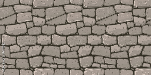 Realistic seamless texture of a weathered stone wall constructed from irregularly shaped grey blocks with visible mortar lines and rough surfaces
