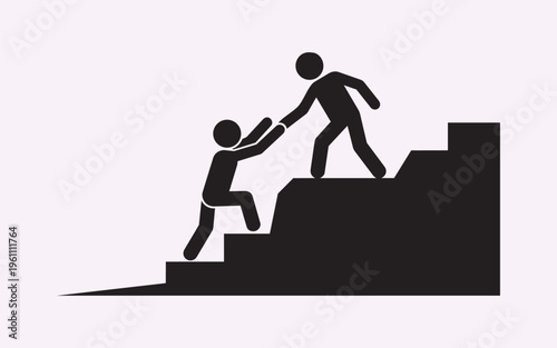 Stick Figure Helping Another Climb Upward Mentorship Growth Concept Minimal Black Vector Silhouette Illustration