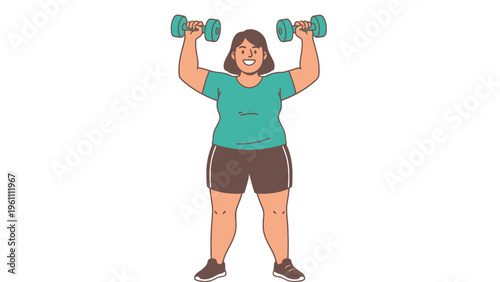 Plus size woman lifting dumbbells overhead exercising vector