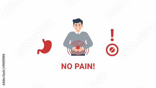 Stomach pain illustration with man and digestive system icons