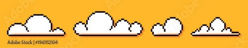 Set of four pixel game art white clouds on yellow background.
