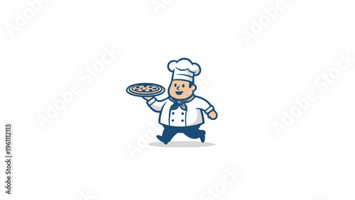Cartoon pizza chef mascot running with tray isolated