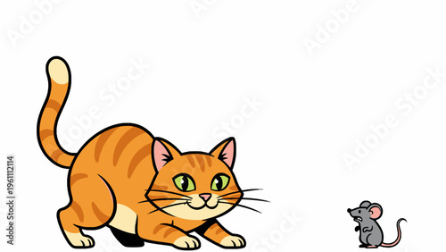 Ginger Cat Pouncing on Scared Little Mouse Cartoon Illustration