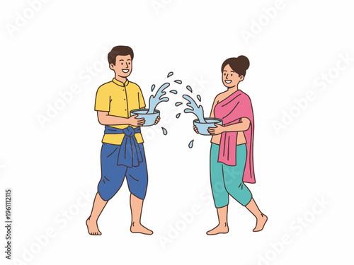 Songkran Festival Couple Splashing Water in Traditional Clothing