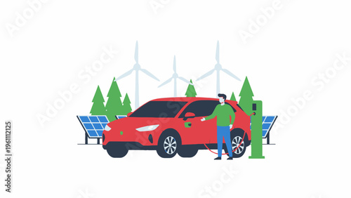 Man charging red electric car with solar and wind power energy