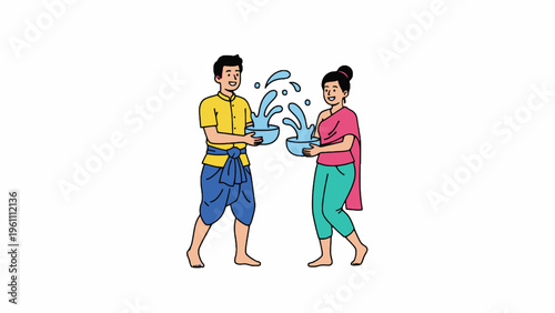 Songkran Festival couple splashing water in traditional clothing