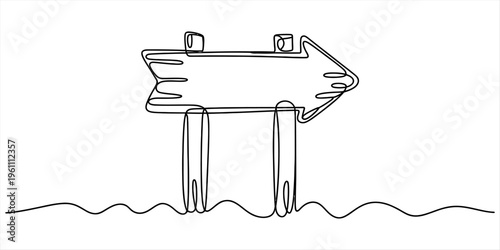 Continuous line drawing of a wooden arrow signpost standing on a wavy ground surface. Vector, illustration